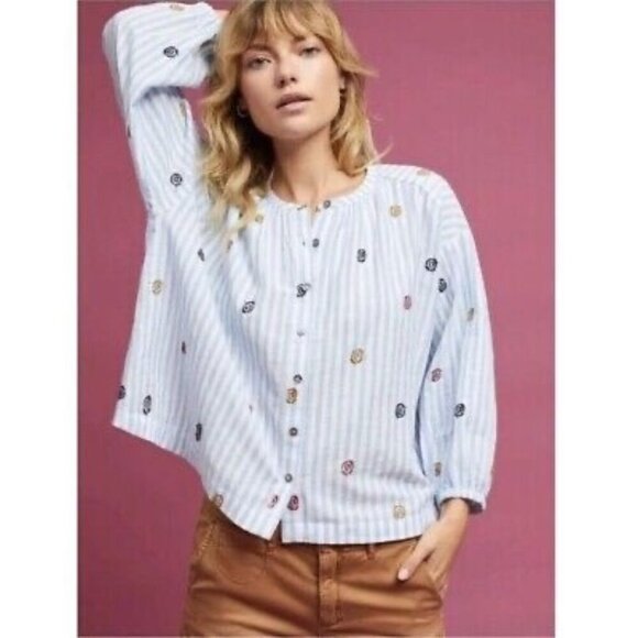 Anthropologie Akemi + Kin Striped Button-Up Blouse With Embroidered Floral Patte - Picture 1 of 9